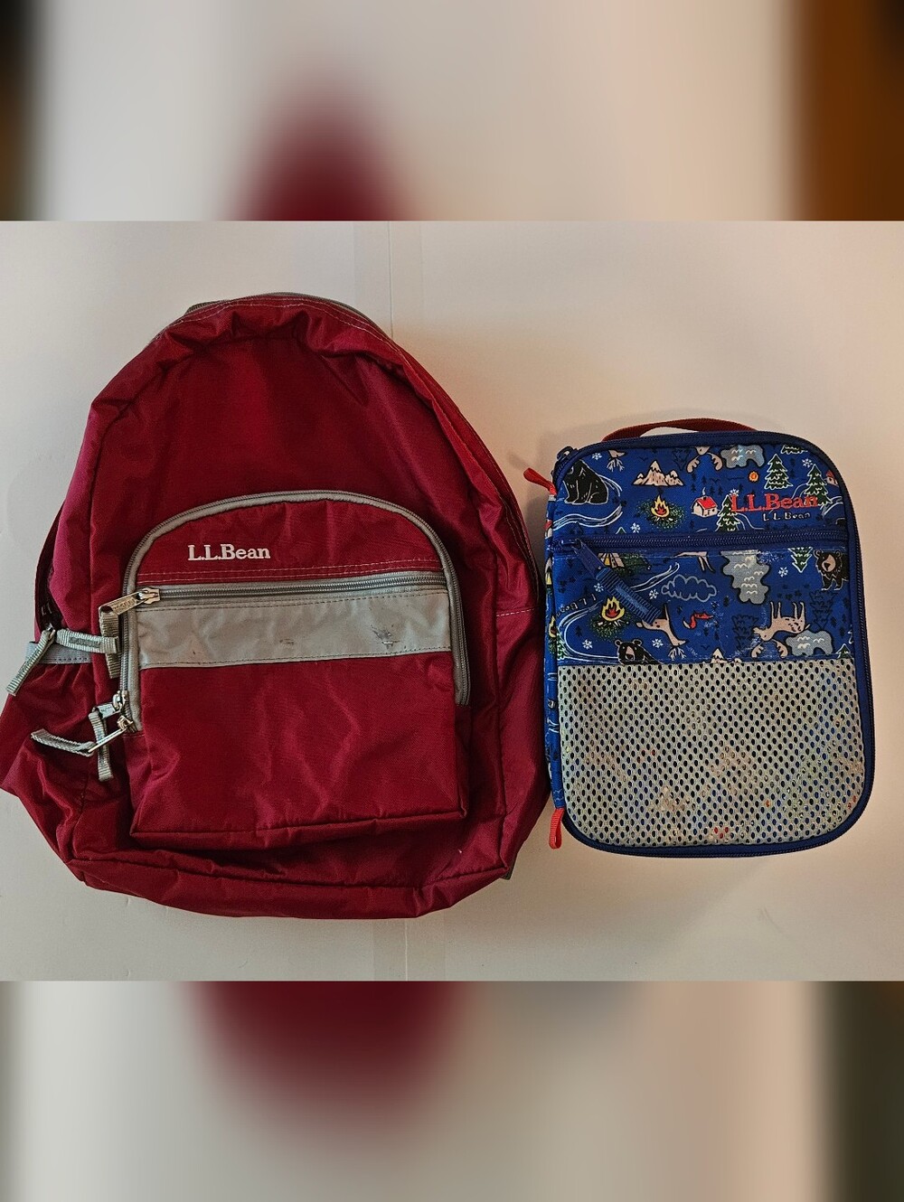 Kindergarten Set- L.L. Bean Red Backpack with Blue Outdoor Patterned Lunch Tote